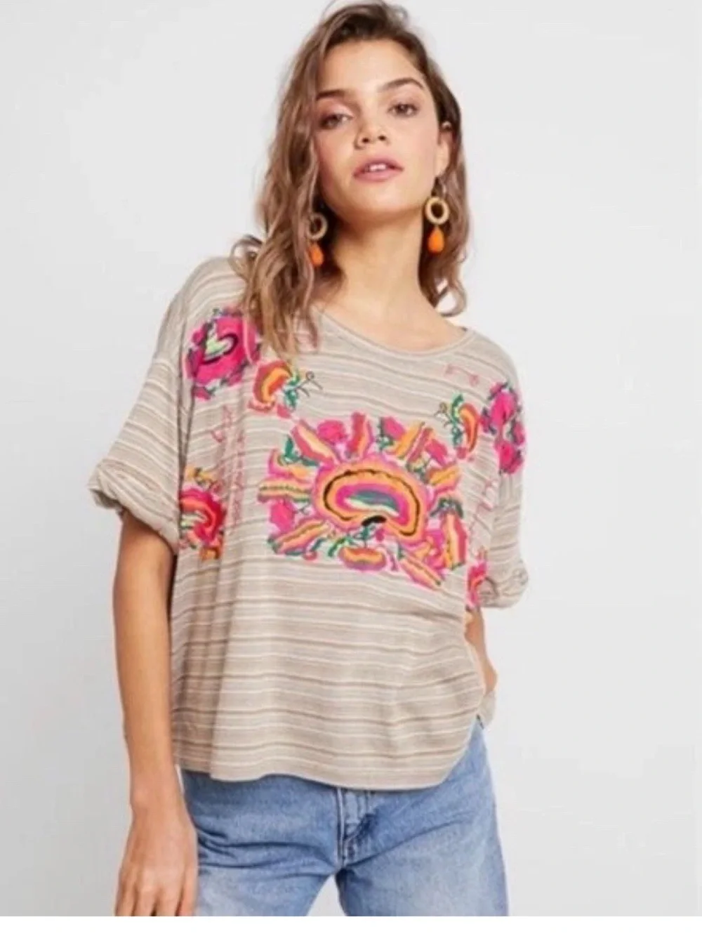 Free People Catalunya Embroidered Mushroom Combo Oversized Top